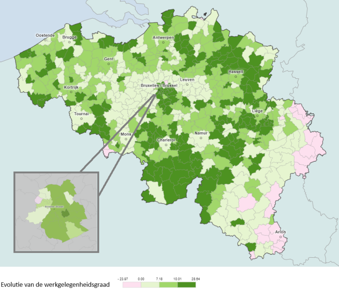 De evolutie van de werkgelegenheidsgraad in steden en gemeenten (2006 – 2021) De evolutie van de werkgelegenheidsgraad in steden en gemeenten (2006 – 2021)